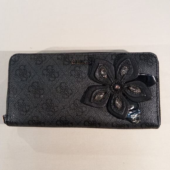 GUESS Black Floral Zip Around Wallet Monogram Faux Leather Logo Design - Picture 1 of 6